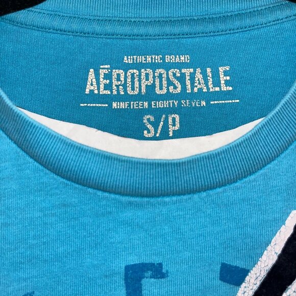Aeropostale Varsity Team Graphic T-Shirt S/P Turquoise Cotton - Picture 3 of 10